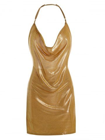 Metallic Ladder Side Halter Lingerie Dress - GOLDEN - M