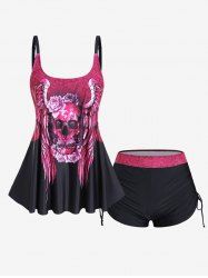 Plus Size Skull Rose Wing Print Cinched Boyshorts Tankini Swimsuit -  