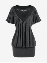 Plus Size Flutter Sleeves Pleated Chains Blouson Mini Bodycon Dress -  