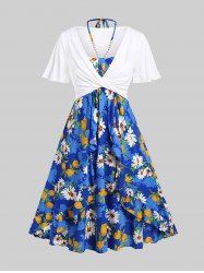 Plus Size Twist Plunging Crop Top and Halter Flounce Knot Floral Midi Dress -  