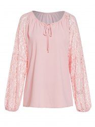 See Thru Lace Panel Plain Color Keyhole Long Sleeve Blouse -  
