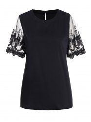 Plain Color Embroidery Leaf See Thru Mesh Panel T Shirt -  