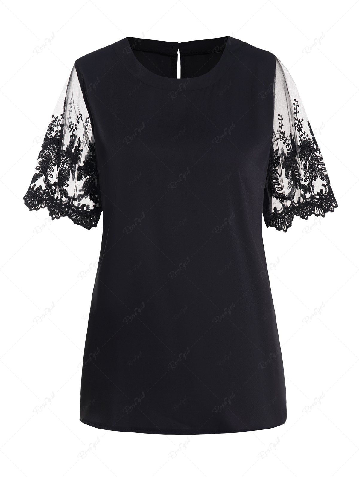 Store Plain Color Embroidery Leaf See Thru Mesh Panel T Shirt  
