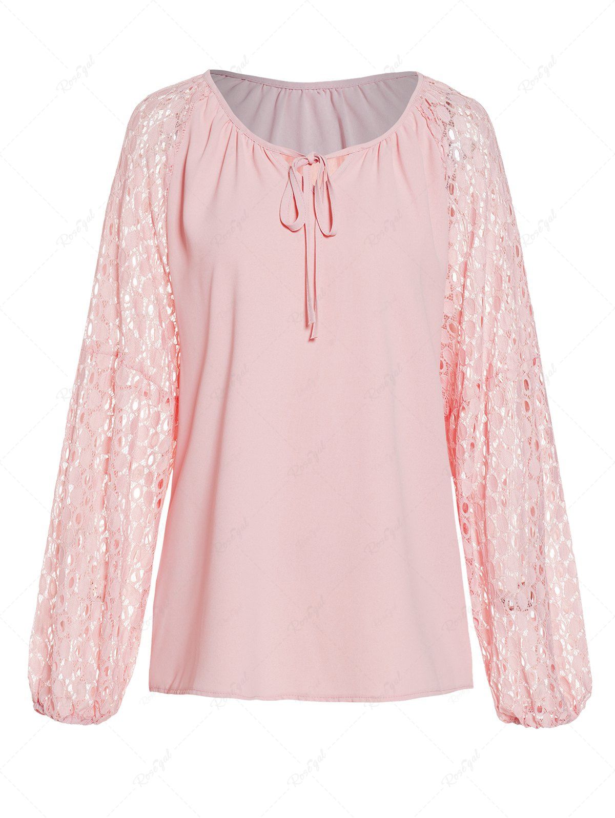 Discount See Thru Lace Panel Plain Color Keyhole Long Sleeve Blouse  