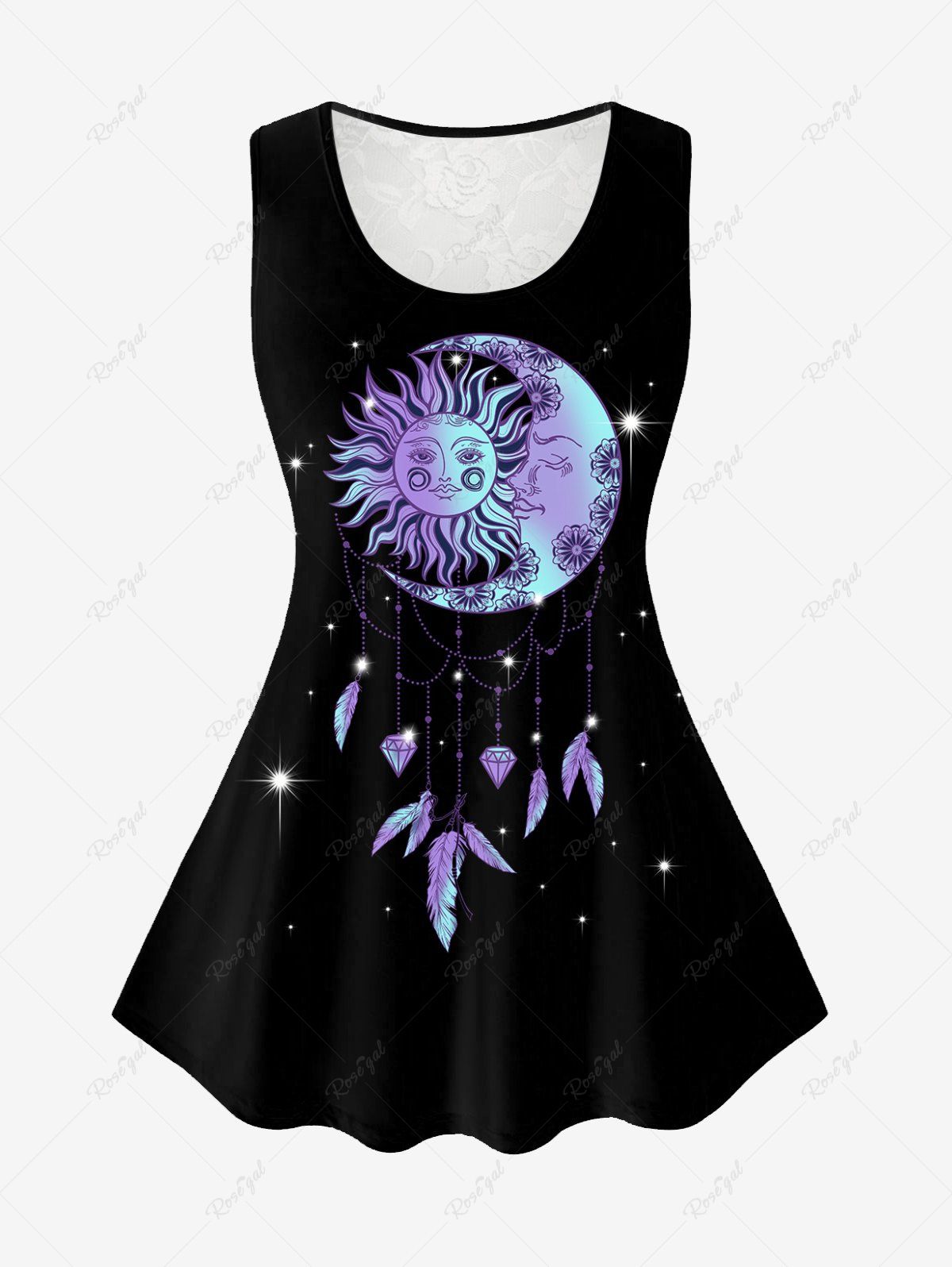 Latest Plus Size Sun Moon Feather Printed Lace Panel Tank Top  