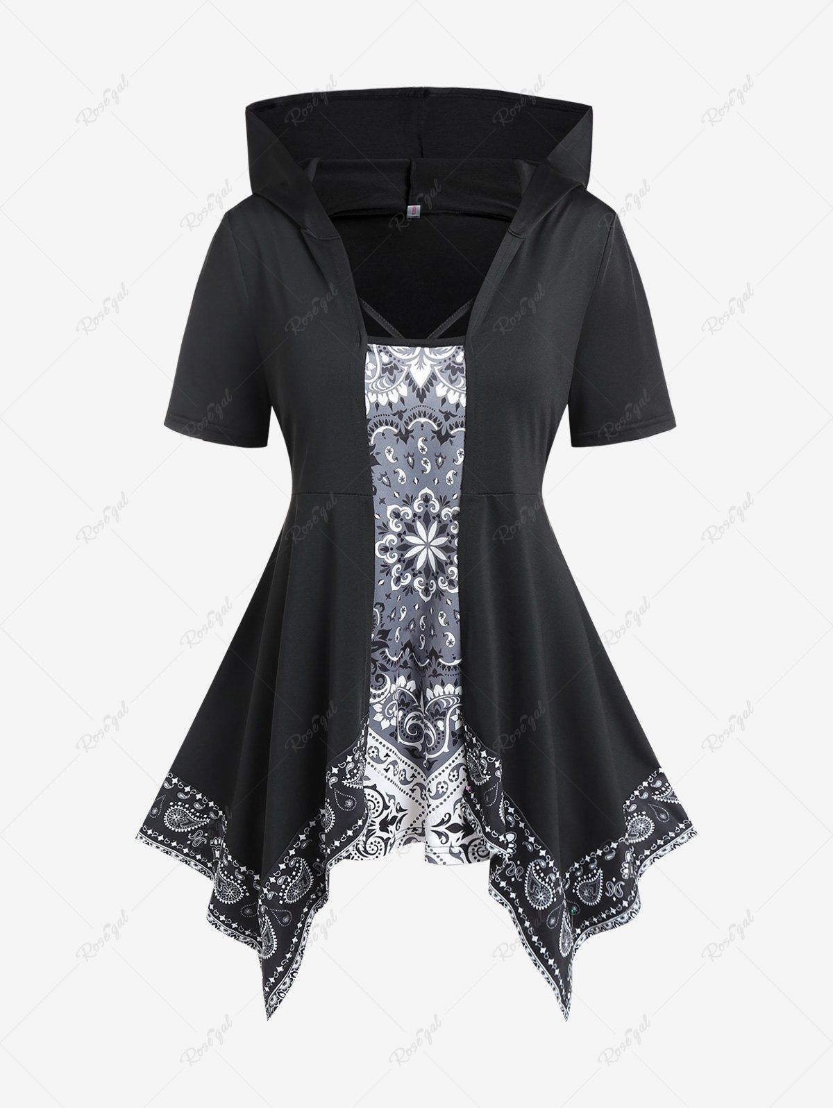 Outfit Plus Size Paisley Printed Hooded Handkerchief Tee  