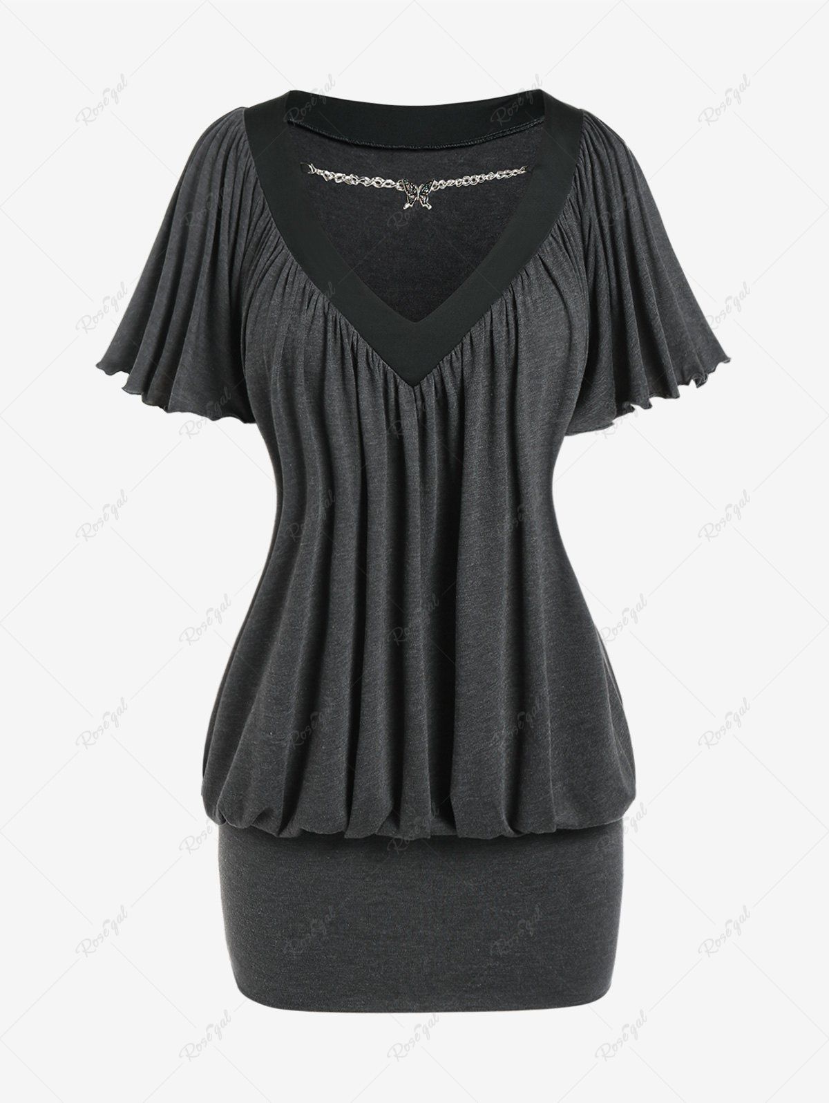 Mini Robe Moulante Plissée à Chaîne de Grande Taille à Manches Bouffantes Noir 2X | US 18-20