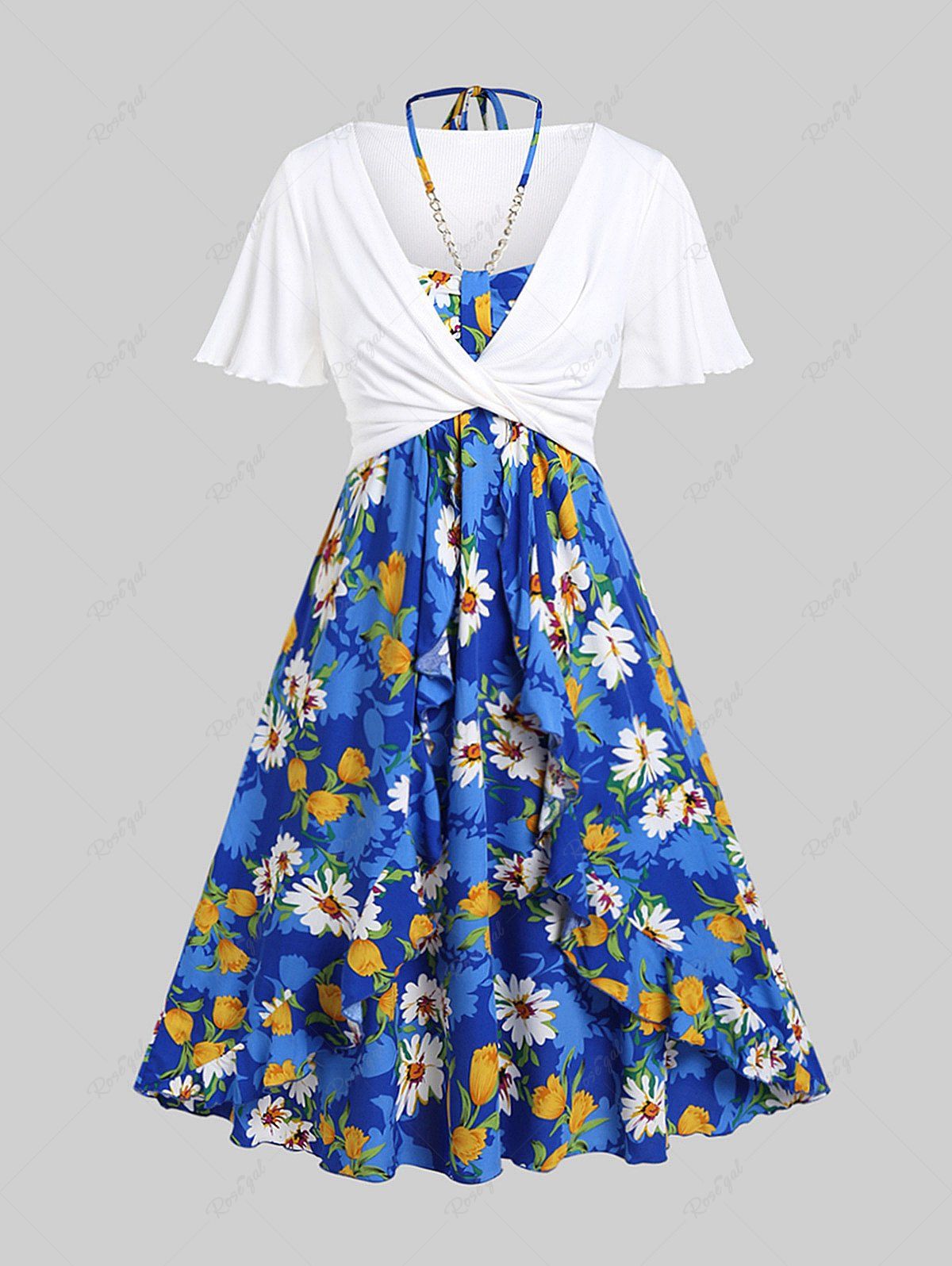 Sale Plus Size Twist Plunging Crop Top and Halter Flounce Knot Floral Midi Dress  