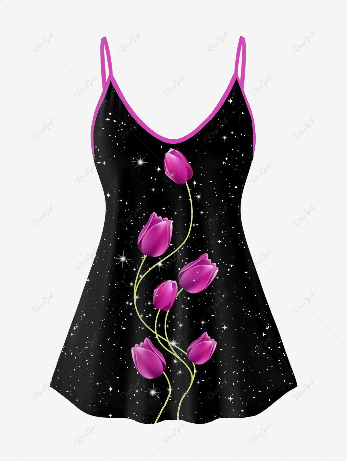 Fancy Plus Size Valentines 3D Sparkles Rose Printed Tank Top (Adjustable Straps)  