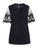 Plain Color Embroidery Leaf See Thru Mesh Panel T Shirt -  