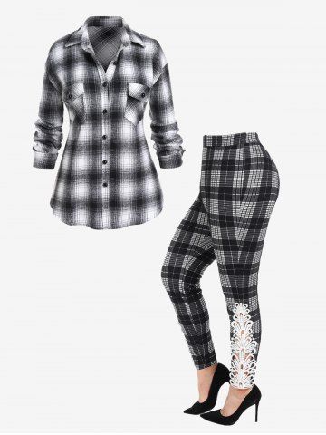 Plaid Shirt with Pockets and Checked Lace Panel Skinny Pants Plus Size Outfit - BLACK
