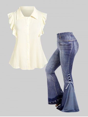 Flounce Short Sleeves Solid Shirt and Pull On Flare Pants Plus Size Summer Outfit - LIGHT YELLOW