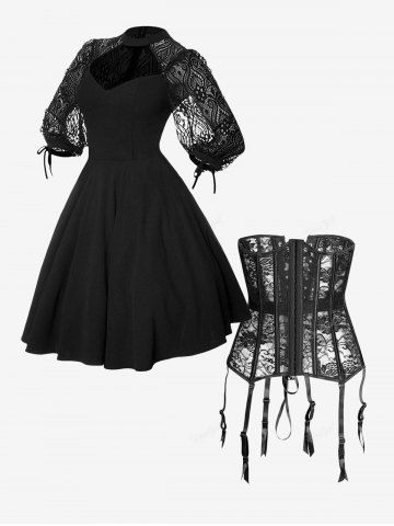 Lace Panel Cutout Cocktail Dress And Lace Hook and Eye Gartered Boning Underbust Corset Gothic Outfit - BLACK