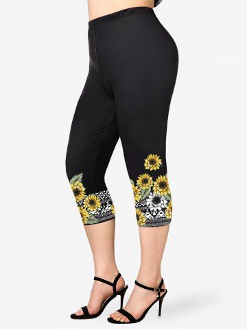 Plus Size Sunflower Geo Printed Skinny Capri Leggings - YELLOW - 5X | US 30-32