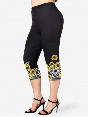 Plus Size Sunflower Geo Printed Skinny Capri Leggings - YELLOW - L | US 12