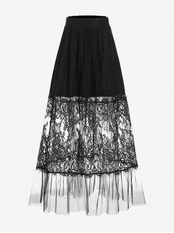 Gothic Lace Mesh Panel Flounce Pull On Midi Skirt - BLACK - M | US 10