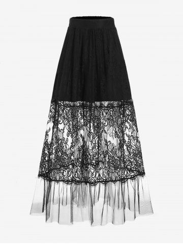 Gothic Lace Mesh Panel Flounce Pull On Midi Skirt