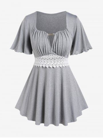Plus Size Lace Panel Pleated Flutter Sleeves Surplice Tee - GRAY - 1X | US 14-16