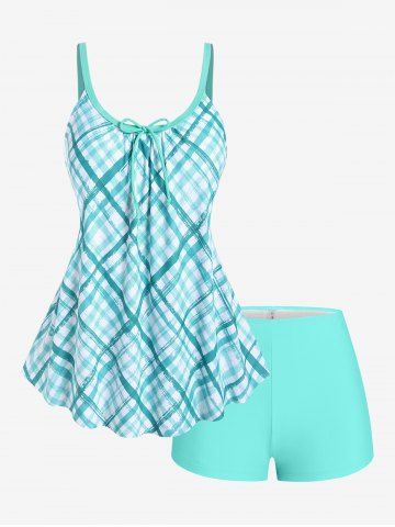 Plus Size Plaid Tie Boyshorts Tankini Swimsuit - LIGHT BLUE - M | US 10