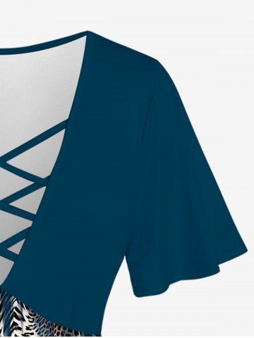 Plus Size Leopard Printed Crisscross Short Sleeves Plunging Tee