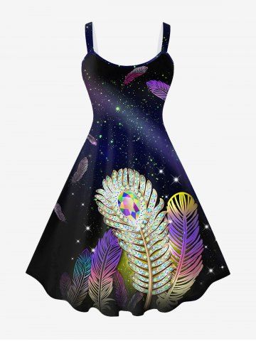Plus Size Feather Galaxy Printed Backless Sleeveless A Line Dress - PURPLE - S | US 8