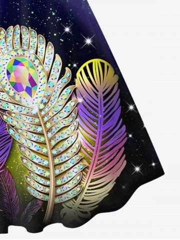 Plus Size Feather Galaxy Printed Backless Sleeveless A Line Dress
