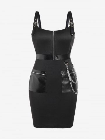Plus Size Punk Chains Buckles PU Panel Bodycon Dress with Pockets - BLACK - L | US 12
