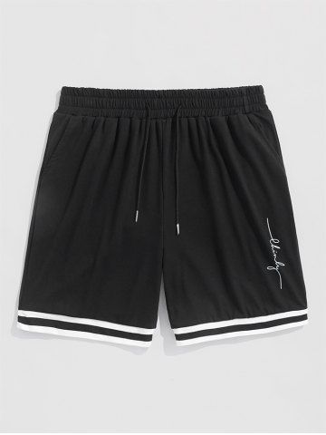 Letter Graphic Printed Striped Panel Sweat Shorts - BLACK - S