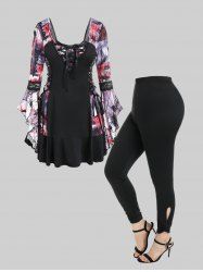 Lace-up Abstract Print Picot-trim Flare Sleeve Tee and Cutout Twist Leggings Plus Size Outfit -  
