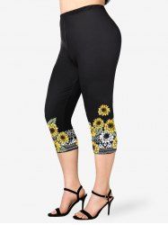 Plus Size Sunflower Geo Printed Skinny Capri Leggings -  