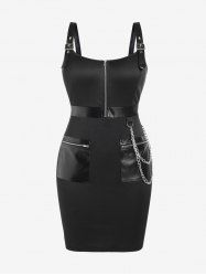 Plus Size Punk Chains Buckles PU Panel Bodycon Dress with Pockets -  
