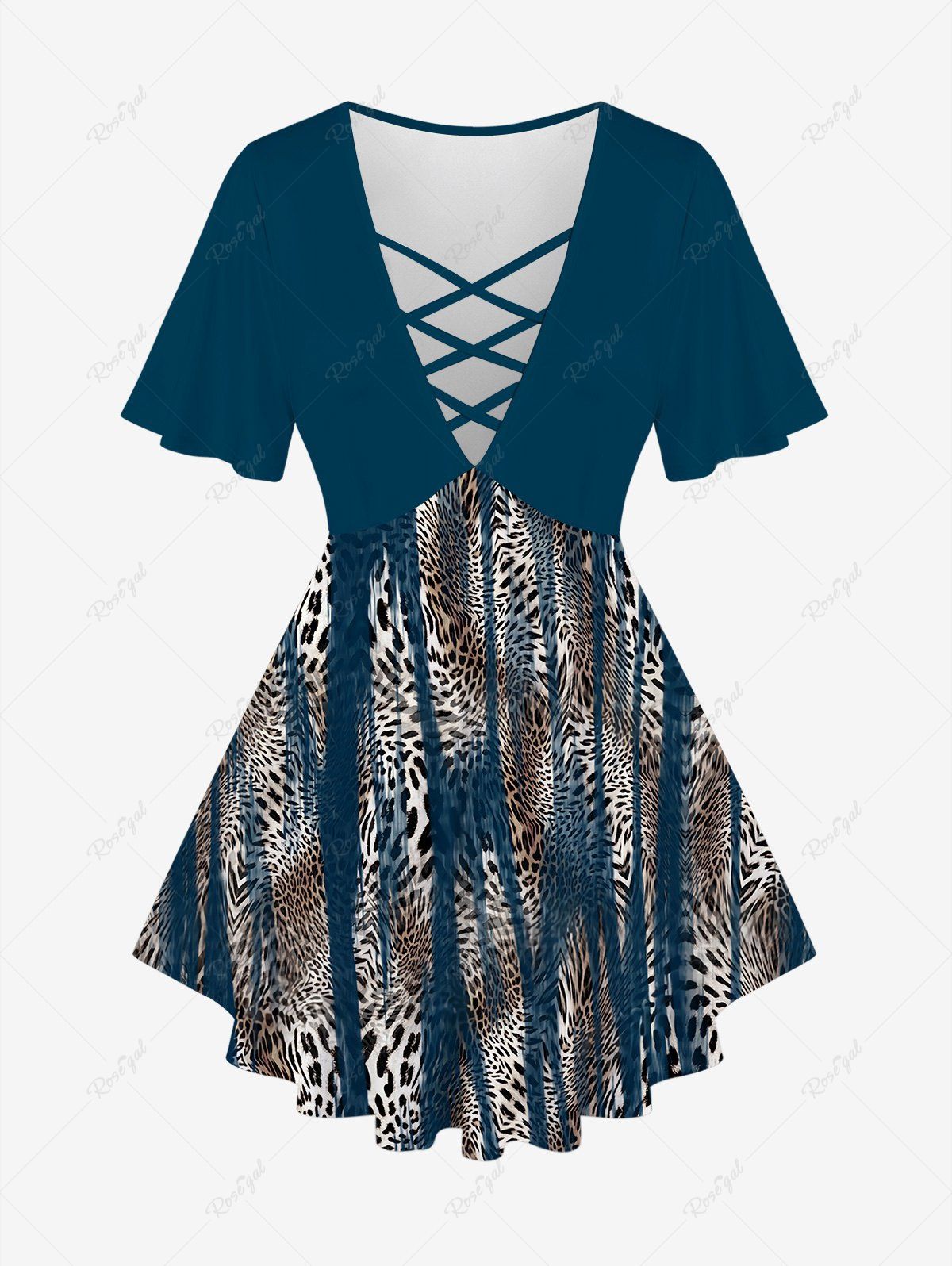 Chic Plus Size Leopard Printed Crisscross Short Sleeves Plunging Tee  