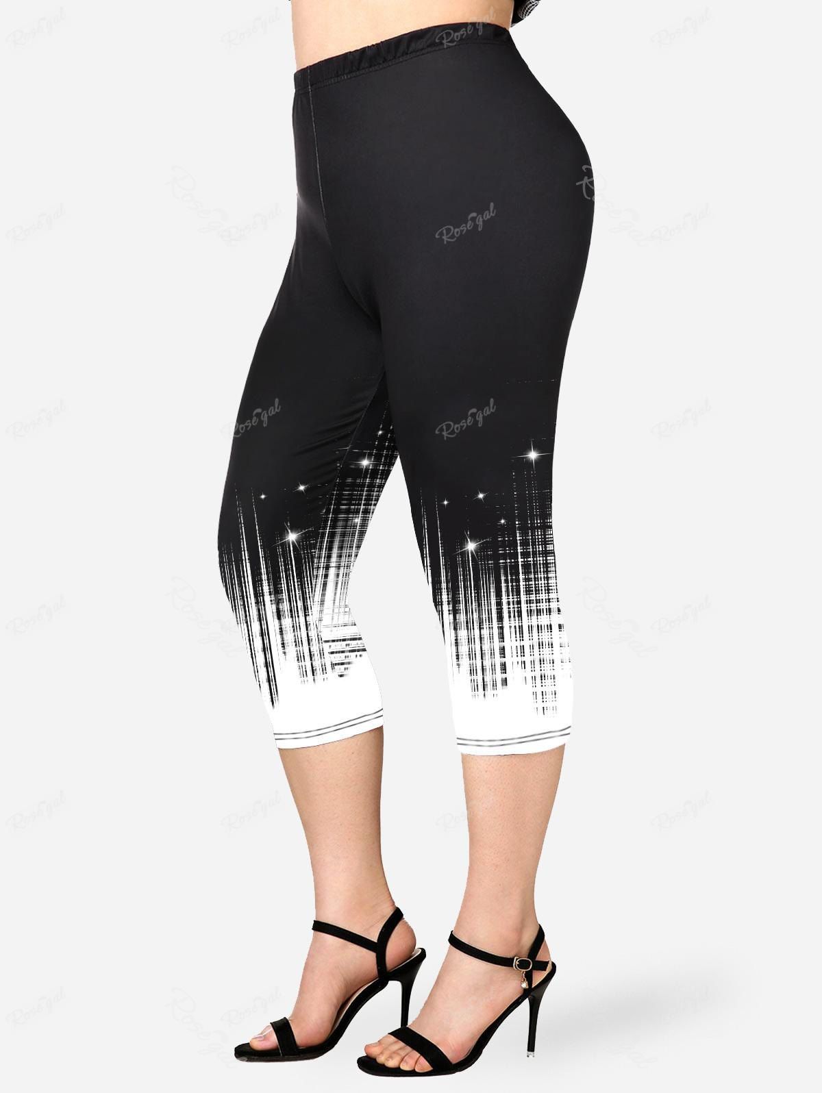 Sale Plus Siz 3D Sparkles Pinstripes Printed Capri Leggings  