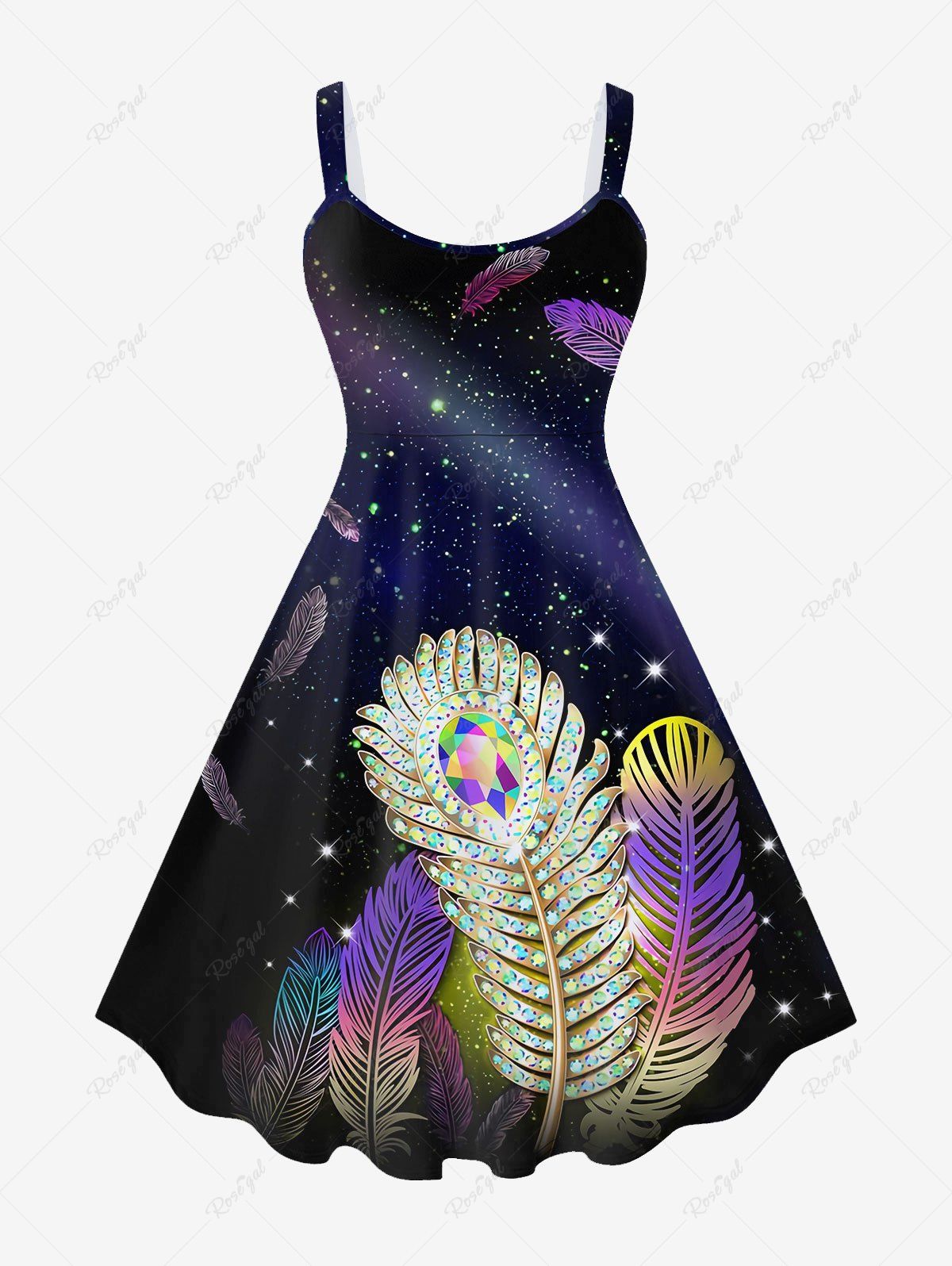 Unique Plus Size Feather Galaxy Printed Backless Sleeveless A Line Dress  