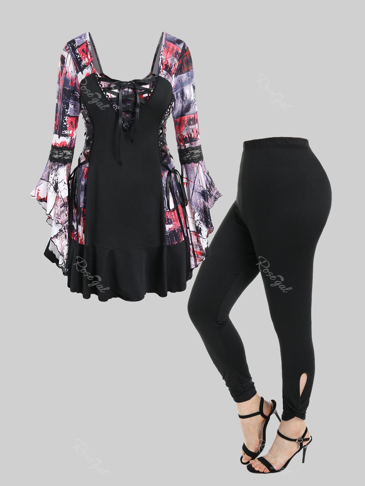 Chic Lace-up Abstract Print Picot-trim Flare Sleeve Tee and Cutout Twist Leggings Plus Size Outfit  