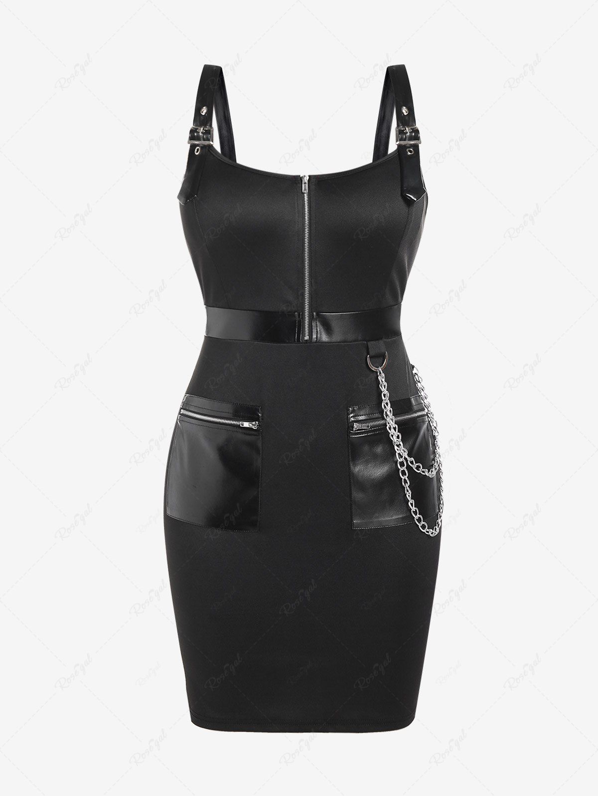 Shop Plus Size Punk Chains Buckles PU Panel Bodycon Dress with Pockets  