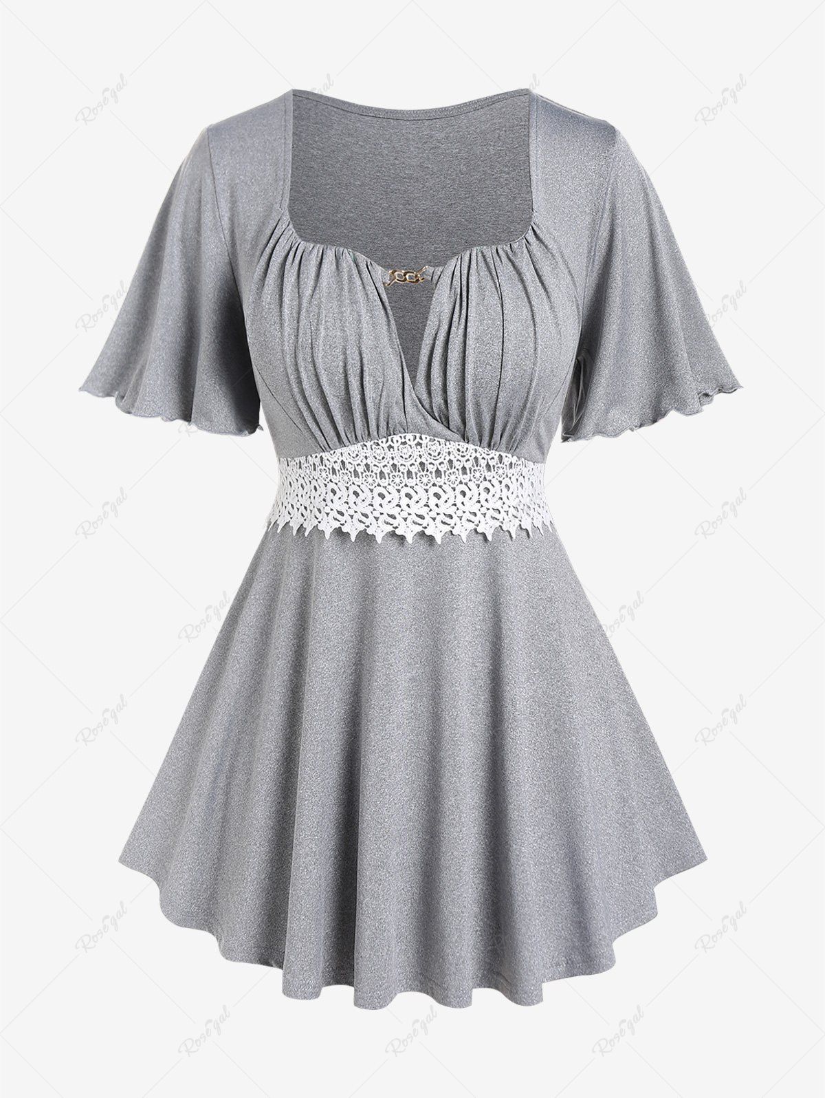 Outfits Plus Size Lace Panel Pleated Flutter Sleeves Surplice Tee  