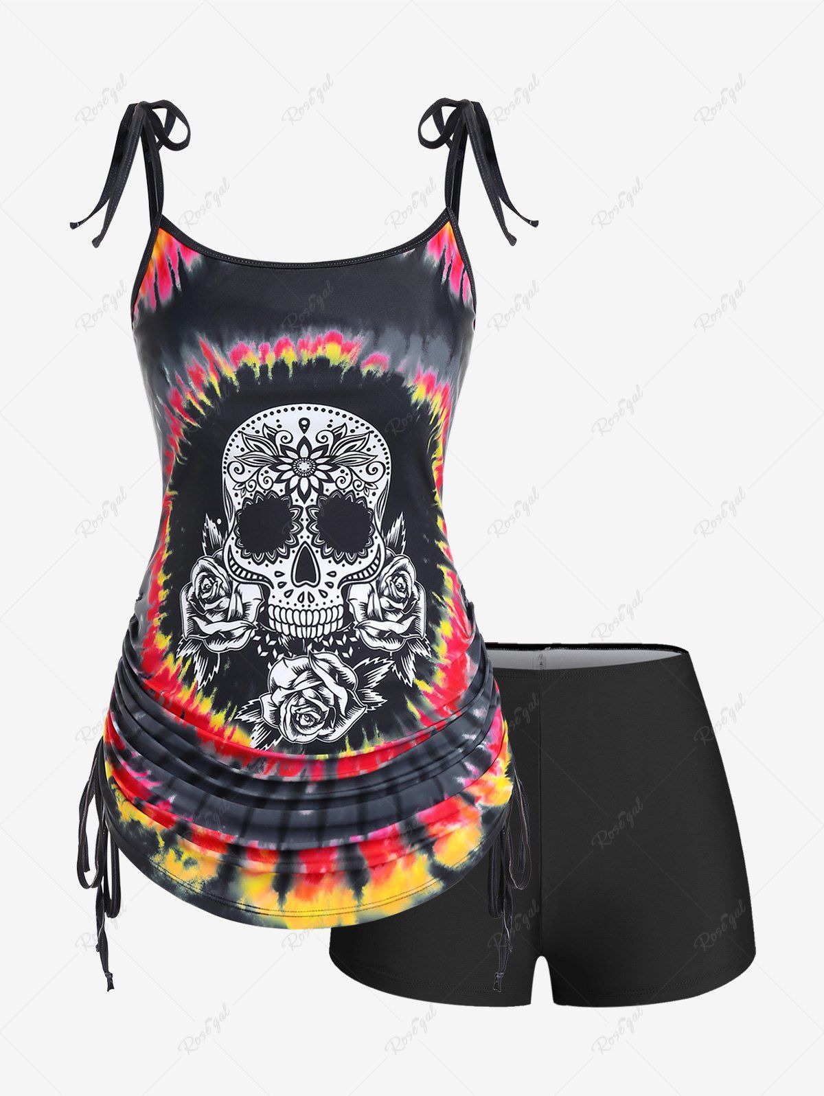 Cheap Plus Size Skull Rose Tie Dye Print Cinched Ruched Tie Boyshorts Tankini Swimsuit  