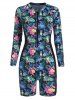 Plus Size Tropical Flower Leaf Parrot Print Half Zipper One-piece Swimsuit -  