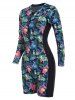 Plus Size Tropical Flower Leaf Parrot Print Half Zipper One-piece Swimsuit -  