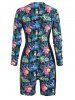 Plus Size Tropical Flower Leaf Parrot Print Half Zipper One-piece Swimsuit -  