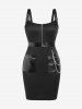Plus Size Punk Chains Buckles PU Panel Bodycon Dress with Pockets -  
