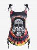 Maillot de Bain Tankini Bandeau Teinté Crâne et Rose Imprimés de Grande Taille à Volants - Noir 4X | US 26-28