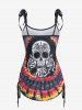 Maillot de Bain Tankini Bandeau Teinté Crâne et Rose Imprimés de Grande Taille à Volants - Noir 4X | US 26-28
