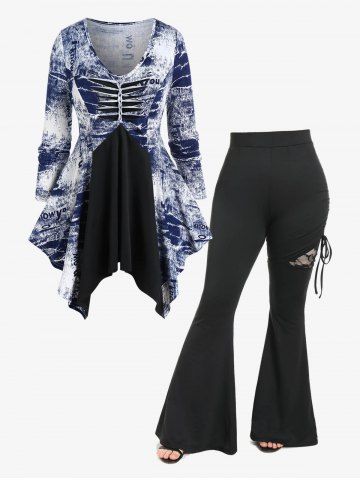 Plus Size Tie Dye Letter Print Ripped Hanky Hem Top And Plus Size Lace Panel Cinched Ruched Skinny Pull On Flare Pants Gothic Outfit - DEEP BLUE