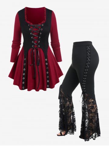 Lace Up Grommet Ruffles Colorblock Long Sleeves Tee and Plus Size Lace Panel Pull On Flare Pants with Lace-up Gothic Outfit
