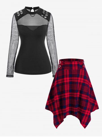 Sheer Fishnet Panel Buckled Long Sleeve Top And Plus Size Plaid Buckle Handkerchief Skirt Gothic Outfit - RED