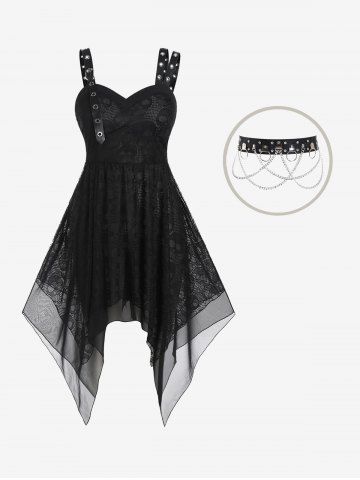 Buckle Straps Grommets Handkerchief Gothic Midi Dress And Punk Layered Cross Faux Leather Rings Belt Waist Chain Gothic Outfit