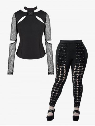 Sheer Fishnet Sleeve Cutout Thumbhole Top and Lace-up Grommets Pull On Skinny Pants Gothic Outfit