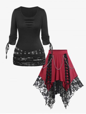 Plus Size Cinched Sleeves Ripped Grommets Lace Panel Tee And Chain Embellish Lace-up Floral Lace Layered Hanky Hem Skirt Gothic Outfit - RED